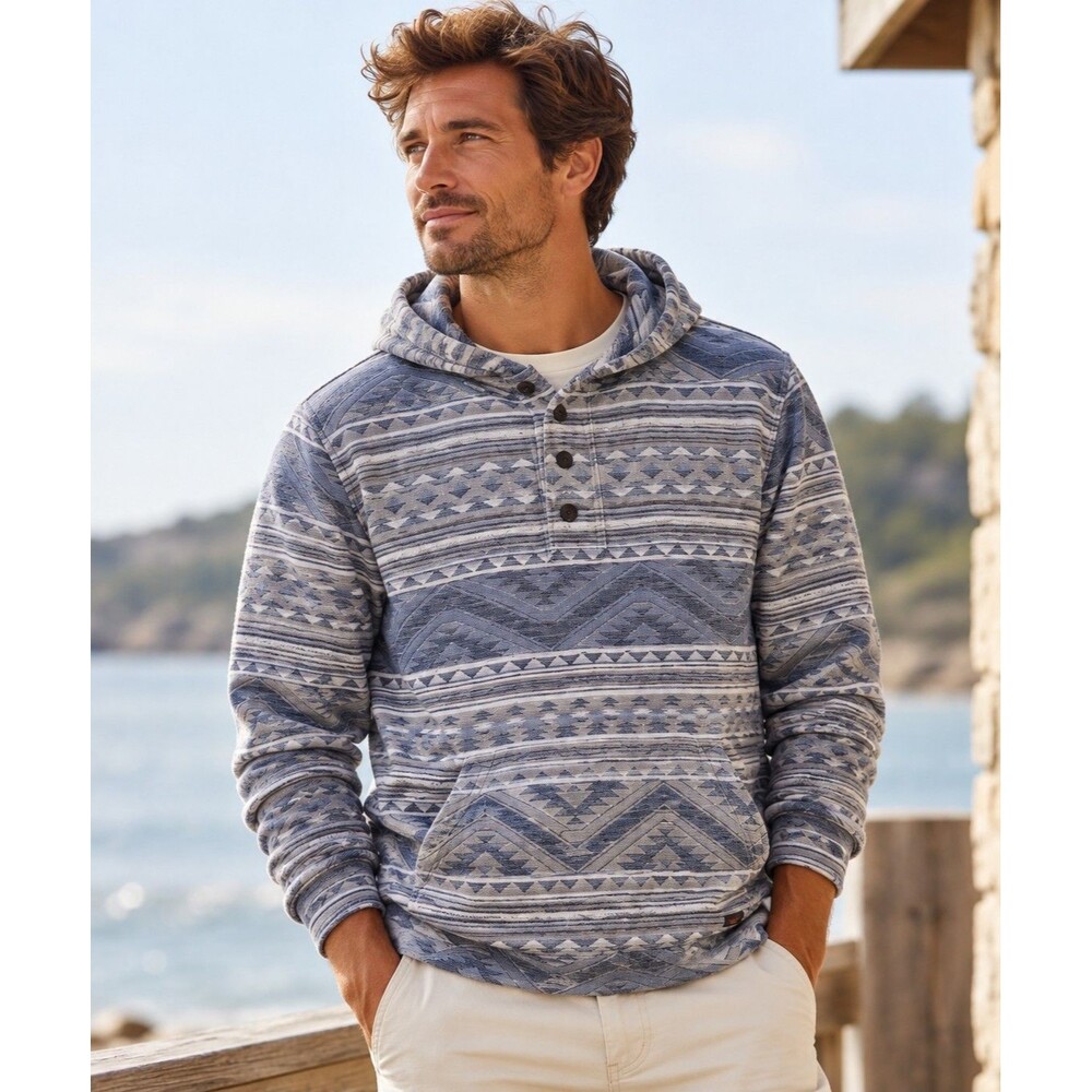 Faherty Baja Poncho Hoodie Men’s Small Blue Gray Southwestern Jacquard Pullover